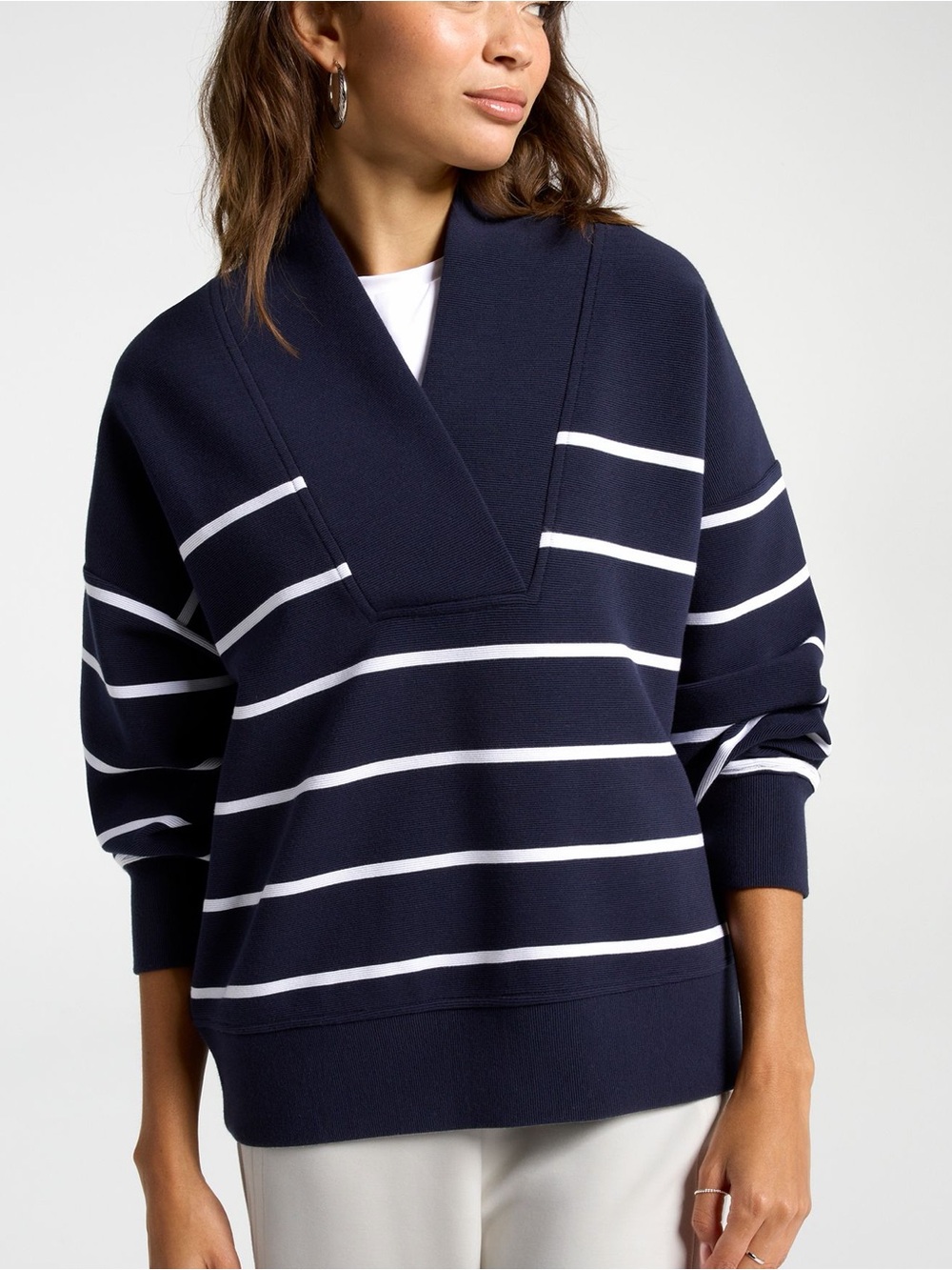 CALIA Women's Elevate Ottoman Shawl Collar Pullover Stripe Navy XL